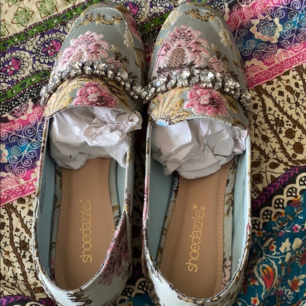 Shoe Dazzle Floral Embellished Loafers - Light Blue and Pink